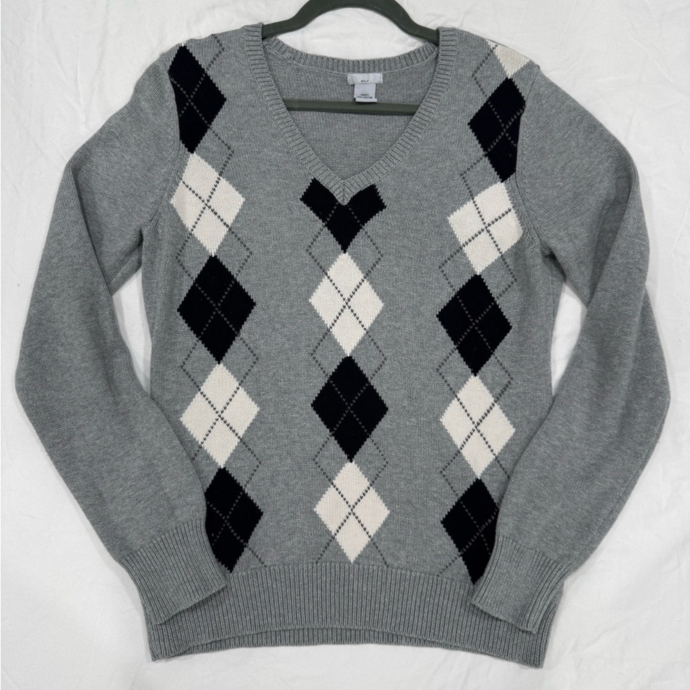 Grey Preppy Argyle V-Neck Sweater